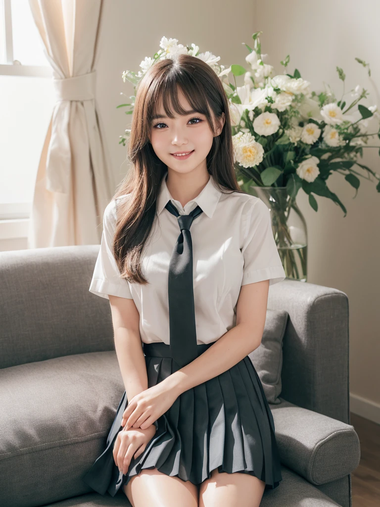(1woman), (round eyes:1.2), (highly detailed face and eyes), refreshing smile, Amazing face and eyes, (school uniform, pleated skirt, tie:1.3), (Best Quality:1.4), (Ultra-detailed), (extremely detailed CG unified 8k wallpaper), Highly detailed, High-definition raw color photos, Professional Photography, Realistic portrait, indoors, (casual room, cute wallpapers:1.3), (Surrounded by lots of cute fresh flowers. Inside a photo studio, cute sofa:1.3), depth of fields, reflection of light, (fine face:1.2), summer,