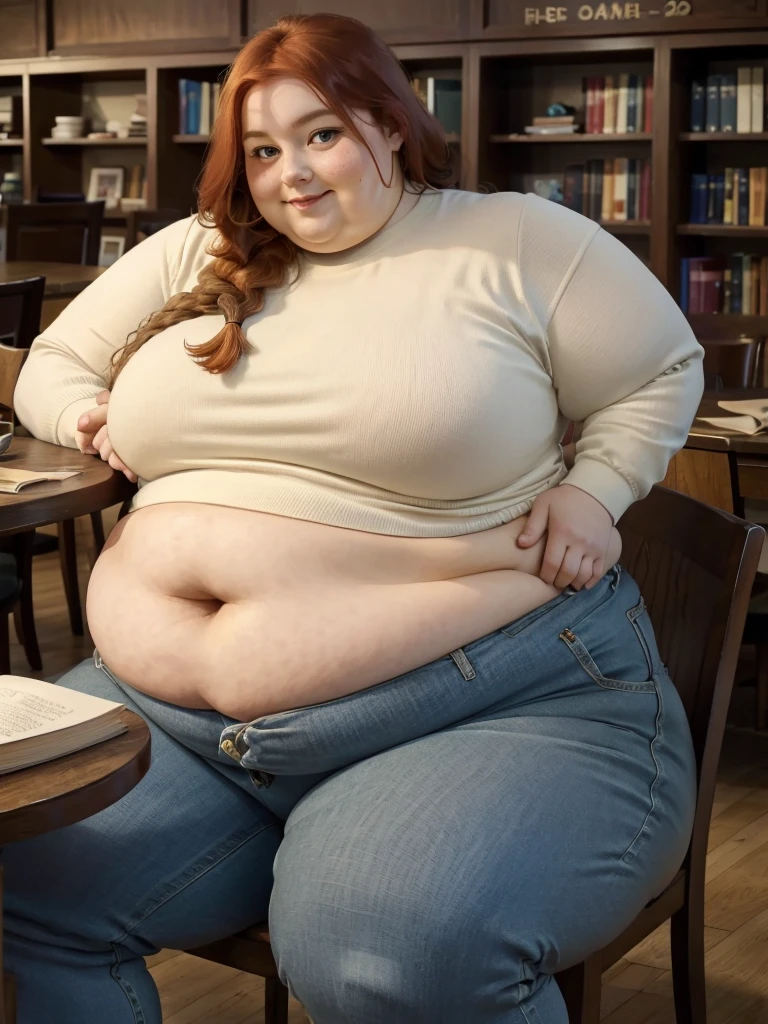 A sidewiev shy photo of a young happy cute smart redhead bbw with long single-braided hair soft fat belly, cute double-chin, fat soft belly, thick fat wide legs and fat arms, cute pretty face, small breasts, blue eyes, freckles, in a warm covering sweather tucked in her pants and long pants, sitting on a chair at a table in a cozy library, reading a lot of books, looking shy in the camera