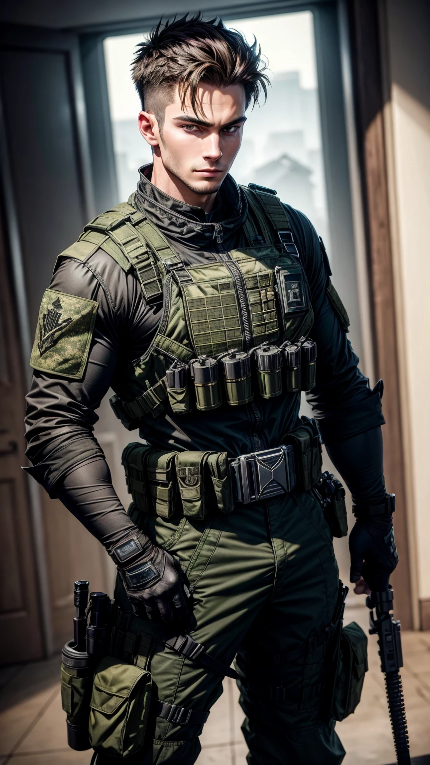 portrait of handsome 25-year old guy, wearing green camouflage combat suit and combat helmet, (black bulletproof vest: 1.3), black half-gloves, (grenade belt: 1.3), (holding grenade:1.1), stunning, tall, bright hair, fancy haircut, (epic pose) , (full length:1.2), call of duty modern warfare