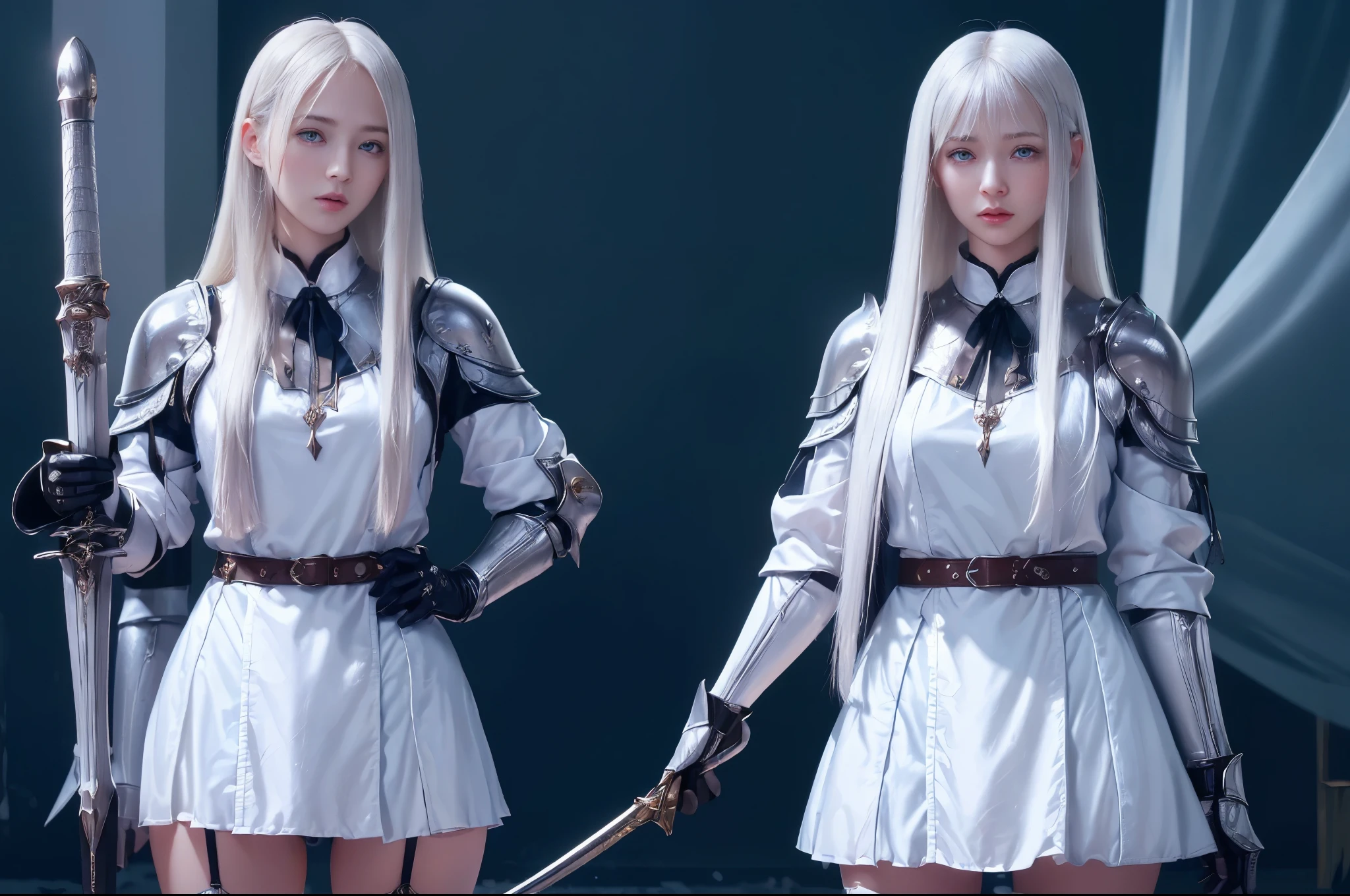 Top quality, masterpiece, very high resolution, (photorealistic: 1.4), Raw photo, 2 girls, long straight blond hair cut in a bob, light blue eyes, (beautiful breasts)、shiny skin、(( (beautiful detailed European faces)))、With a beautiful sword and shield、gorgeous and resplendent luminous girls,(Beautiful silver sexy armor、(((Random straight hair))),(((beautiful legs))), (proportionate breasts ), Seductive look, ((Background of beautiful decaying dungeon ruins)), (Ultimate beauty), (Detailed and realistic beauty face), (Fighting demonic beasts), (Small LED), ((Super realistic details)), portlate, global lighting, Shadow, octane rendering, 8k, ultra-sharp, exposed raw skin in neckline, metals, Intricate ornament details, very intricate details, Lightweight and realistic (Mystical expression), CGSoation trend, bright eyes, Facing the camera), Gundam, Small LED.