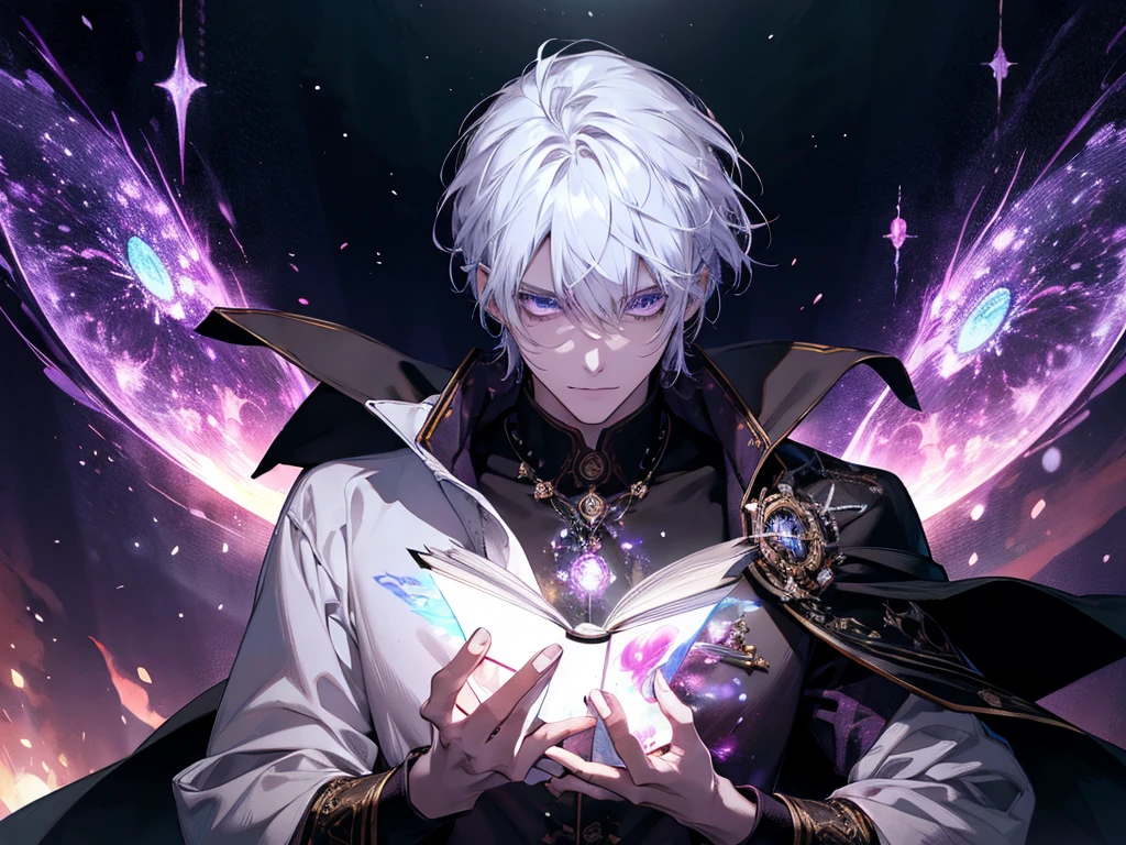 a man with glowing head and arms in front of a purple light, aura de nebulosa em torno do assunto, cosmic horror concept art, portrait a scientist holding system from solo leveling in his hand and other hand doing magic, dark sci-fi art, aura negra brilhante, Galactic Entity, flying pages white shirt, short white hair