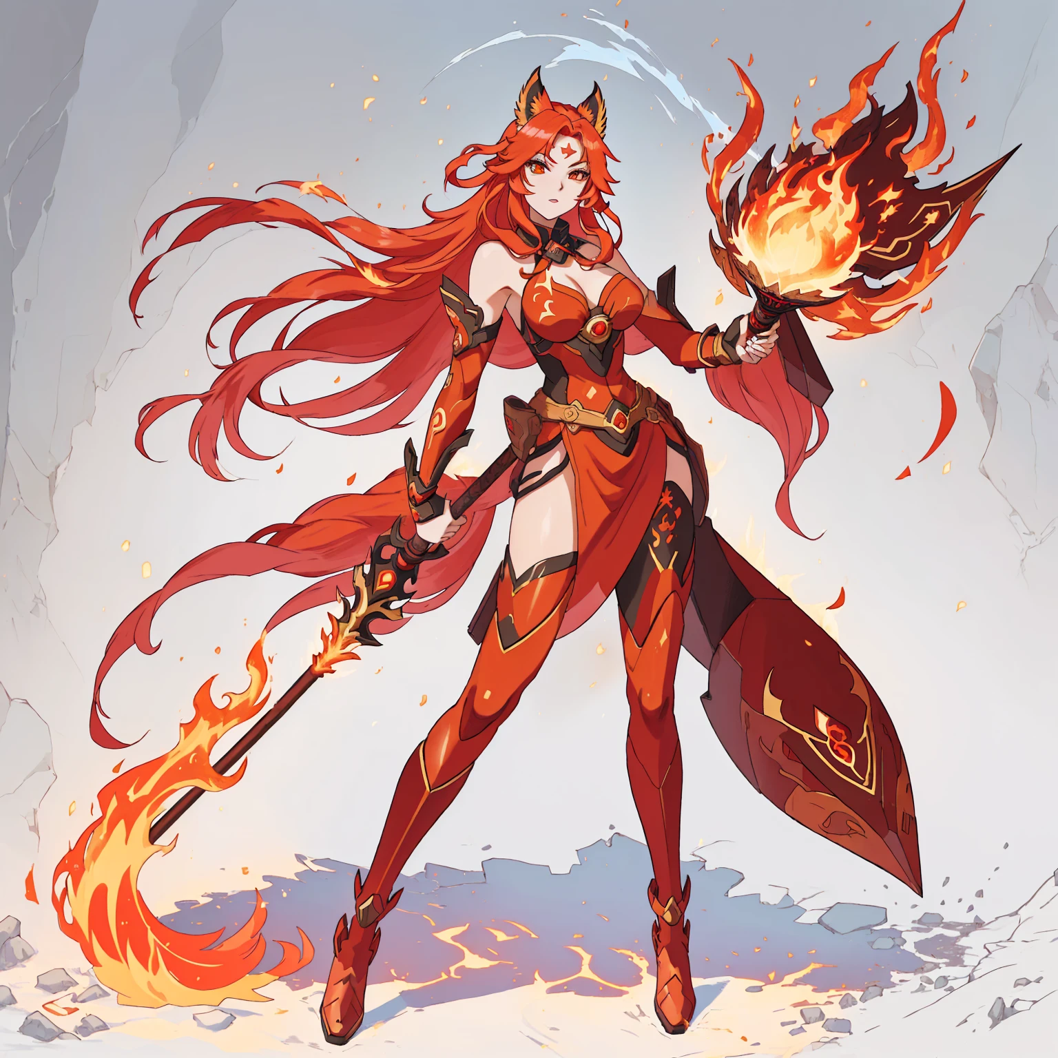 anime girl with red hair holding a fire stick and a staff, fire!! whole body, fire mage, appears as the fire goddess, goddess of fire, fire goddess, Fox and bush, hot fire goddess, Ayaka Genshin Impact, lava and fire goddess, she has fire powers, Anime Goddess, Makeup Gremory, fire demon, Anime Character Art,The details are clear,Clear facial features