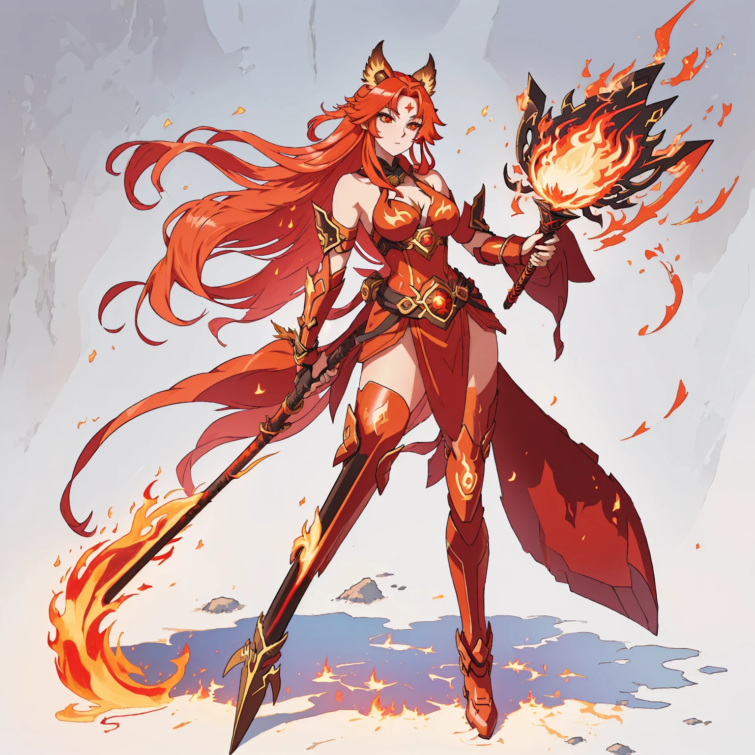anime girl with red hair holding a fire stick and a staff, fire!! whole body, fire mage, appears as the fire goddess, goddess of fire, fire goddess, Fox and bush, hot fire goddess, Ayaka Genshin Impact, lava and fire goddess, she has fire powers, Anime Goddess, Makeup Gremory, fire demon, Anime Character Art,The details are clear,Clear facial features,Royal sister style,The are good-looking,Royal sister expression,Royal sister figure