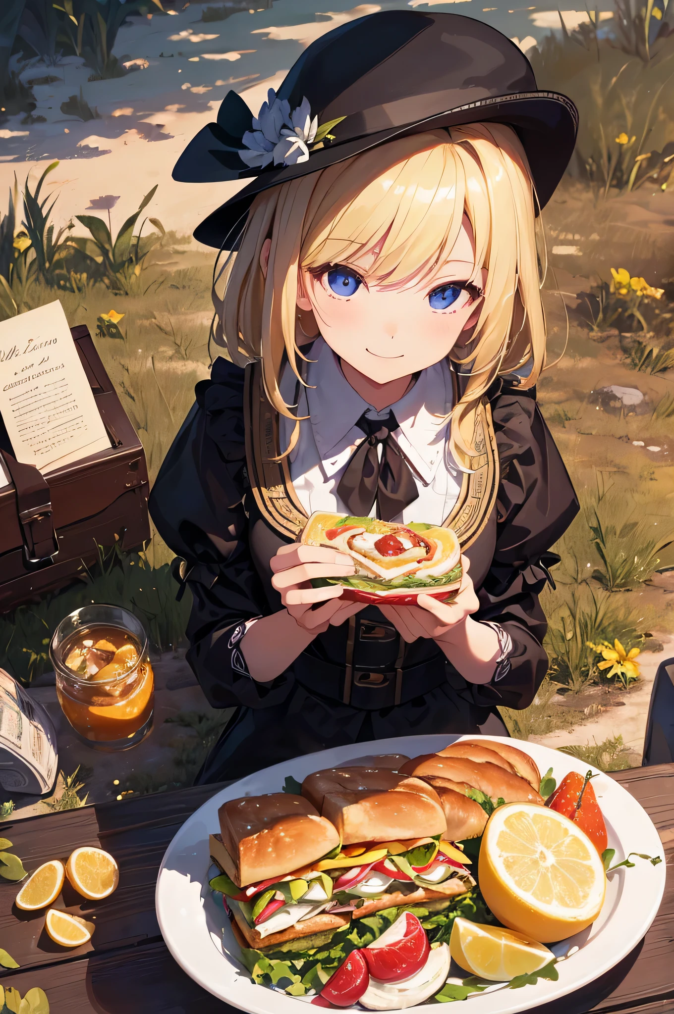 Artwork, ((Highest quality)), High resolution, 8K, Cinematic Light, High Contrast, Written boundary depth, Blonde Hair、sandwich、A happy smile、Strong brilliance, Detailed Background, One Girl, cute, Picnic on the lawn at daytime、fine grain, Shining Eyes, Detailed Iris