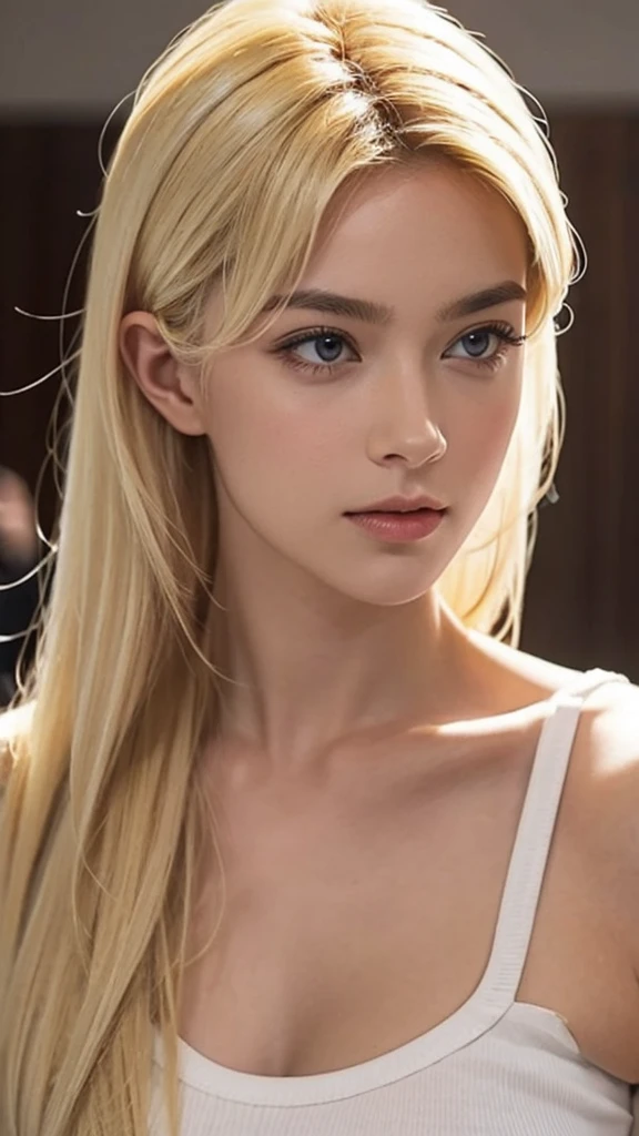 (1girl), (18-year-old White Caucasian girl), (blonde hair), (blue eyes), (small nose), (eyeliners), (small busts: 1.7), close-up, ((eyes looking at the camera)), upper body, body hair, photo-realistic, (wide gap cleavage: 1.3), (upper breasts), 4k RAW photo, hi-resolution, (straight upper body straight portrait), half body shot,