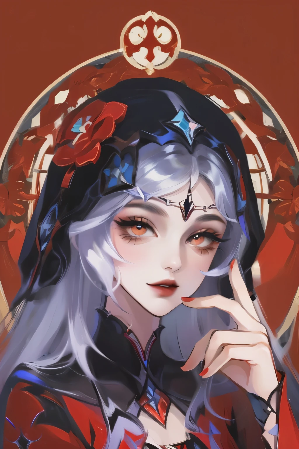 (masterpiece, best quality:1.2), 1 girl, solitary,Pretty Face,Red Fatism Art Nouveau,Illustration style,Black and red,Flowers