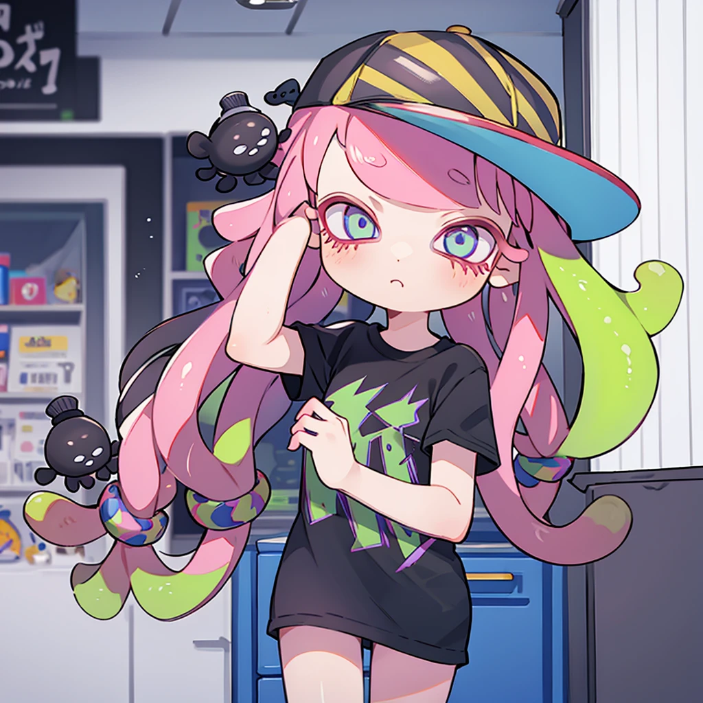 girl,inkling hair,black t-shirt,hat