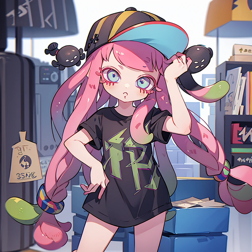 girl,inkling hair,black t-shirt,hat