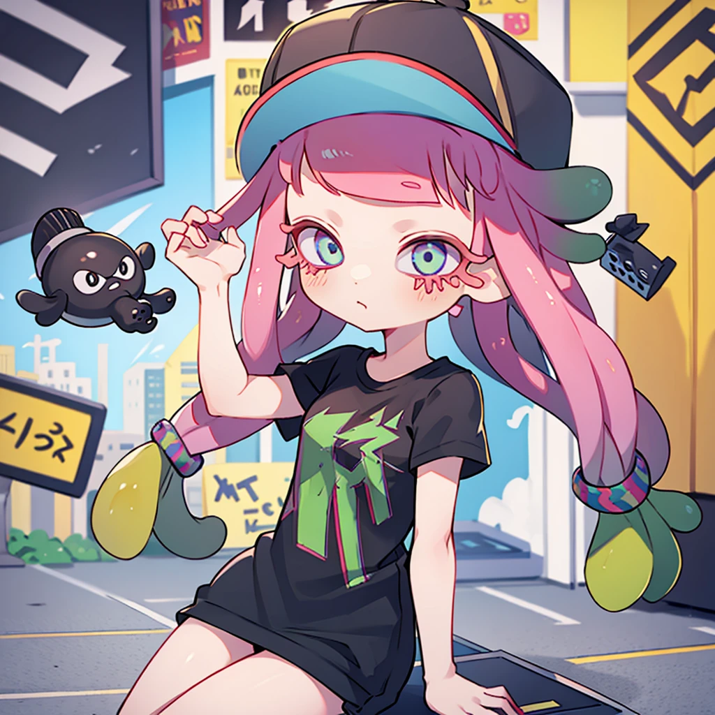 girl,inkling hair,black t-shirt,hat