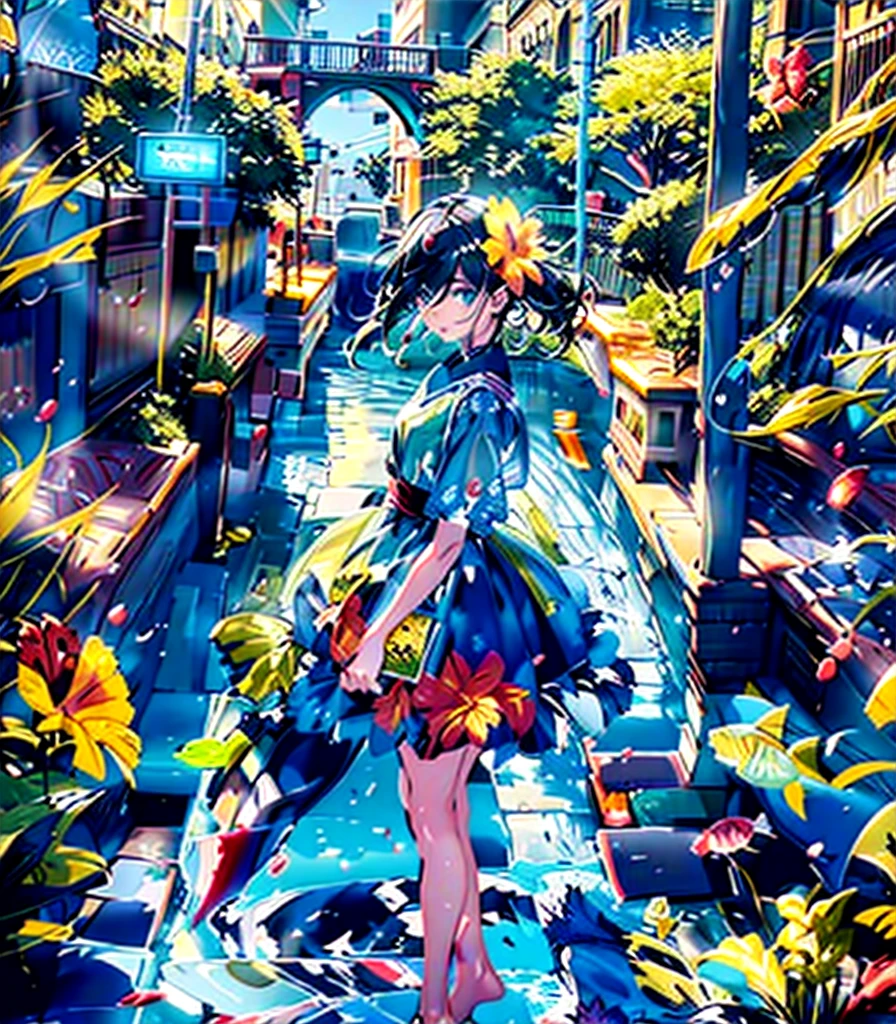 Very delicate and beautiful,非常にdetailed,CG,Unity,8k wallpaper,wonderful,detailed,masterpiece,The best quality in the best condition,Official Art,非常にdetailed CG 8k Unbelievably ridiculous resolution,Beautiful and exquisite,High resolution,非常にdetailedな目と顔,garden with flowers,Dressed in a red dress, turn around,On the water