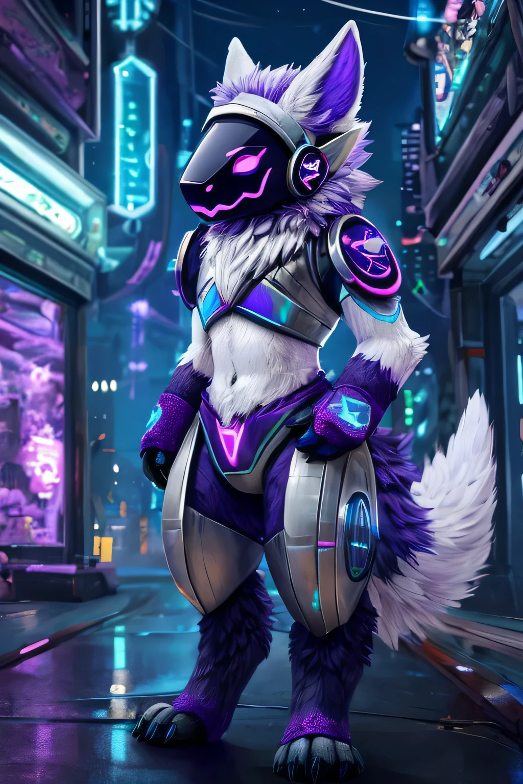 (full body shot), (semi-realistic style), (furry), protogen, (protogen face:1.1), (protogen visor:1.1), fantasy-cyberpunk hybrid style, half-technology-half-nature cyberpunk city, 3000, purple and white fur, white metal, glowing purple markings, purple visor