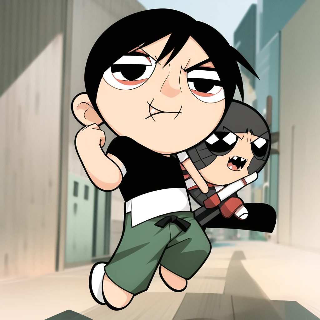 fushiguro toji, muscular male, black shirt, short sleeves, pants, cute smile, full body, chibi, black hair, background, (((Solo)))