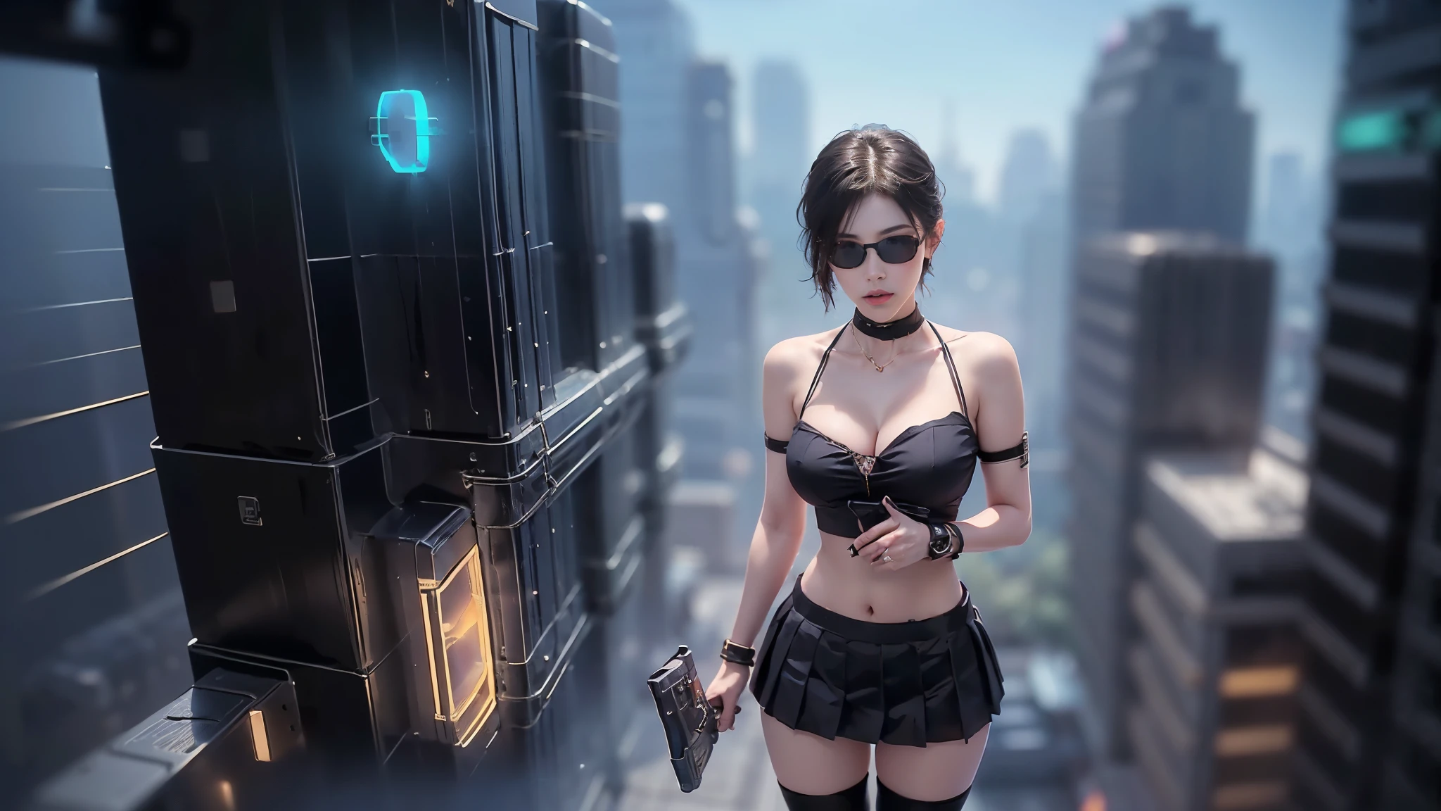 (aerial view). at night, futuristic sci-fi cyberpunk city, broad viaduct, skyscrapers at the end of the viaduct, the movie "13th Floor" style, hq. Matrix style, at night, (1girl, solo), photo realistic, (large-breast:1.2 slim body, cleavage:1.3), (((tube top, extreamly short pleated (((miniskirt))) exposing panty))), (((((matrix style black sunglasses))))), (((((aiming at camera with a (pistol)))))), (((half-body (thigh level) medium shot))), (cinematic lighting).