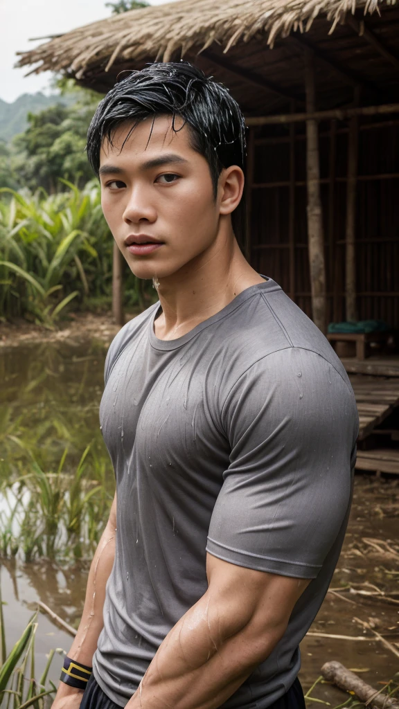 独奏 , 1 person , Portrait of a handsome Asian rugby player, short hair, no beard, muscular, big muscles, wearing a gray round neck t-shirt, wet, outdoors, rice field, countryside, hut, Thailand, Laos, Burma, Asia.
