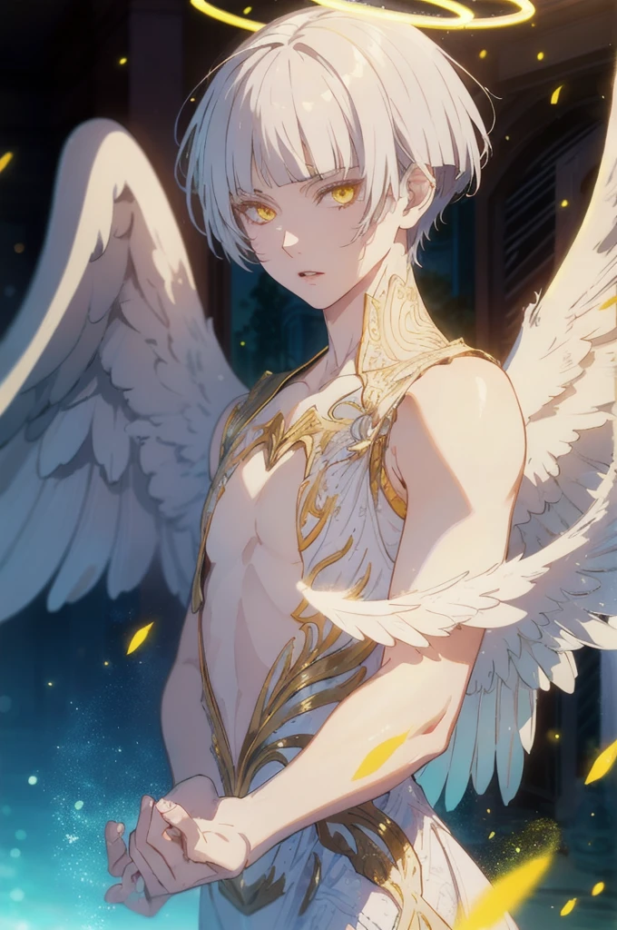 masterpiece, best quality, high quality, ((Masterpiece)), ((High resolution)), ((Fine detail)), (High-definition CG), high contrast, HDR, (official art), 1boy, solo, male focus, looking at viewer, upper body, depth of field, revel_platinum_end, yellow eyes, white hair, wings, halo, angel, angel wings,