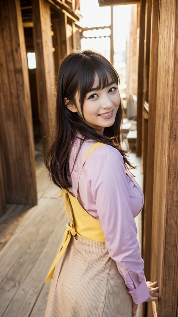 (Highly detailed CG Unity 8k wallpaper)、(masterpiece)、(Highest quality)、(Super detailed)、(Best illustrations)、(Best Shadow)、Ultra-high resolution、(Real、Photorealistic:1.2)、(Kyoko Otonashi:1.4)、(Long hair with bangs that fall on the forehead:1.4)、(smile:1.2)、(look back:1.2)、(Large Breasts:1.4)、((Pink long sleeve shirt:1.2))、((Yellow apron:1.2))、(The apron has a small chick mark on it.:1.2)、(Casual sandals:1.2)、(Corridor of an old wooden building:1.4)、(Posture is:1.2)1.2)、Holding a broom in a natural manner、Using lighting and shadows、Emphasizing three-dimensionality and realism、Please express natural light reflection、Puffy eyes、Close-up、Cloudy soft light、(Upper Body:1.4)