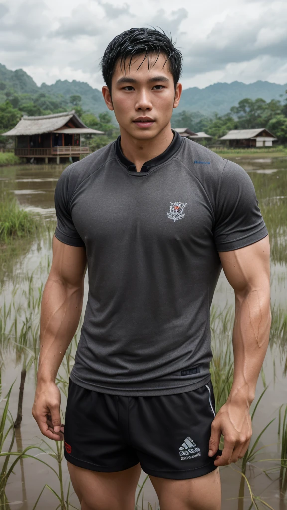 独奏 , 1 person , Portrait of a handsome Asian rugby player, short hair, no beard, muscular, big muscles, wearing a gray round neck t-shirt, wet, outdoors, rice field, countryside, hut, Thailand, Laos, Burma, Asia.