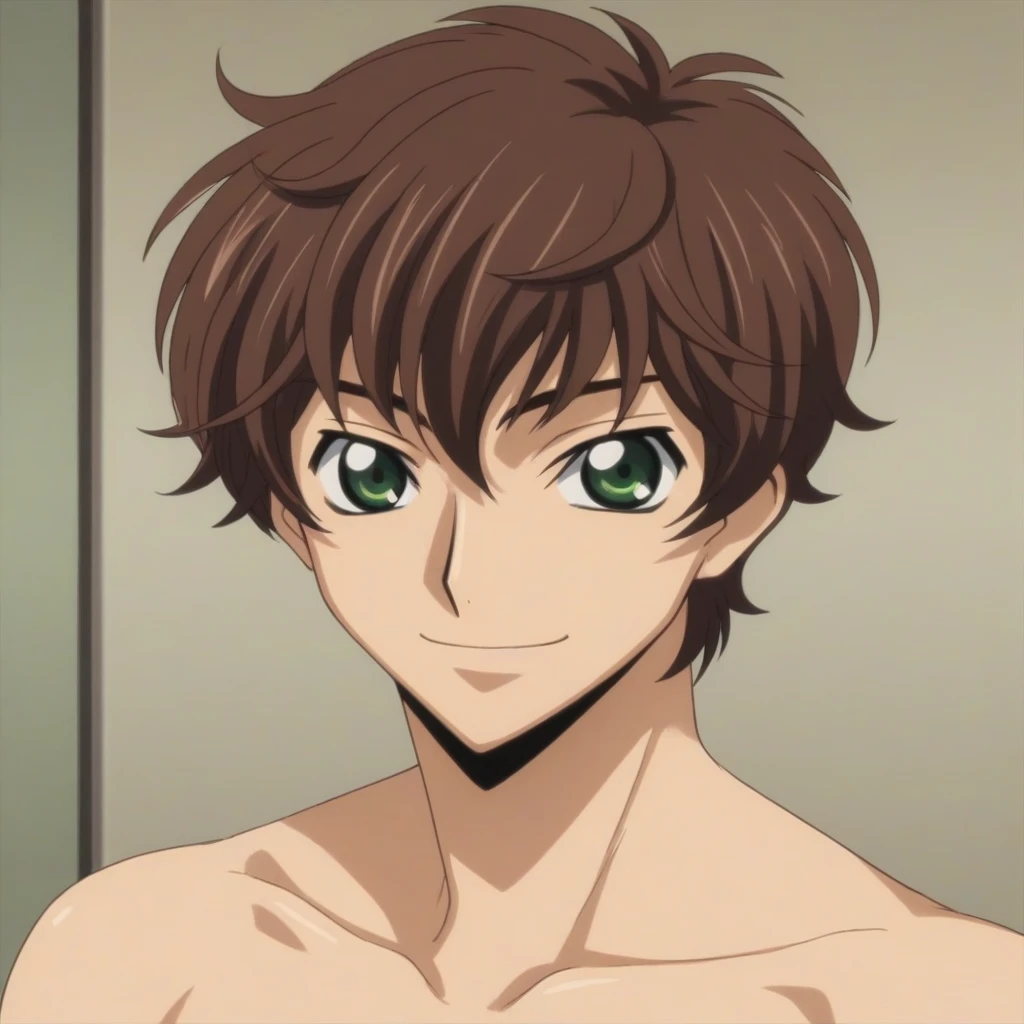 score_9, score_8_up, score_7_up, source_anime, rating_safe, intricate details, semi-realistic, looking at viewer, , 1boy, solo, male focus, suzaku_kururugi, brown hair, green eyes, naked, smile, cute, bedroom, night,