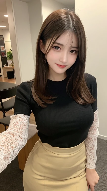 Tabletop, Highest quality, shape, Very detailed, finely, High resolution, 8k wallpaper, 完璧なダイナミックな構shape, Beautiful and detailed, Straight hair, Small breasts, Natural color lip, Random sexy poses,smile,20-year-old girl、Midnight、Beautiful and dense face、Perfect and beautiful face,Big eyes、RAW Photos、Expressing feminine poses with the whole body、Beautiful and detailed、Small face、Beautiful Duplex、Slim face and figure,Beautiful golden ratio face、Tight Skirt、Long sleeve blouse,Large company president secretary costume