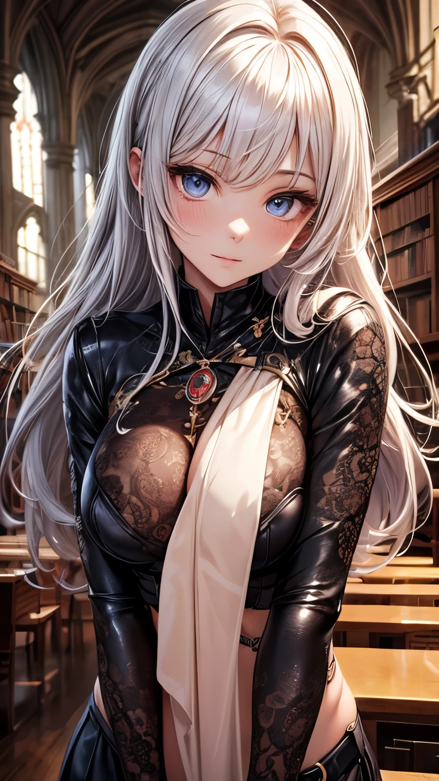 Highest quality, Super quality, 16K, Incredibly absurd, Very detailed, 2.5D, delicate and dynamic, cathedral, library, machine, , Small face, Extremely delicate facial expression, Delicate eye depiction, Extremely detailed hair, Upper body close-up, erotic, sole sexy Japanese lady, healthy shaped body, 22 years old lady, Wizard, huge firm bouncing busts, white silver long hair, sexy long legs, Glowing Skin, , 派手なWizardのコスチューム, brown tight skirt, black leather long boots, owl