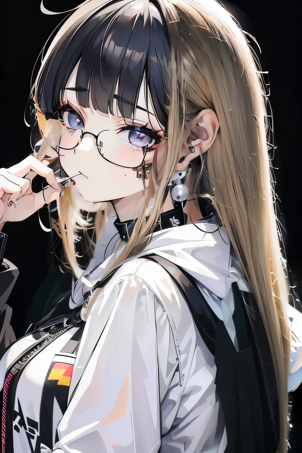 hair down, 1girl, mullet_hairstyle, hair down, blunt_bangs, Black_bangs、The sides and back of the hair are blonde.、wearing Black-rimmed under-rimmed glasses、black_eyes、wearing a space patterned hoodie、Three simple silver ball piercings in the right earlobe、Two piercings in the cartilage of his right ear、Two simple silver ball earrings on the left earlobe、A simple silver ball piercing on the lower right corner of her lip