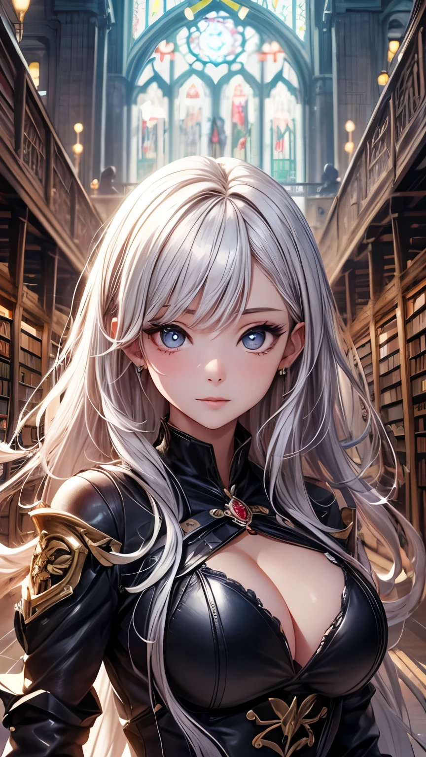 Highest quality, Super quality, 16K, Incredibly absurd, Very detailed, 2.5D, delicate and dynamic, cathedral, library, machine, , Small face, Extremely delicate facial expression, Delicate eye depiction, Extremely detailed hair, Upper body close-up, erotic, sole sexy Japanese lady, healthy shaped body, 22 years old lady, Wizard, huge firm bouncing busts, white silver long hair, sexy long legs, Glowing Skin, , 派手なWizardのコスチューム, brown tight skirt, black leather long boots, owl