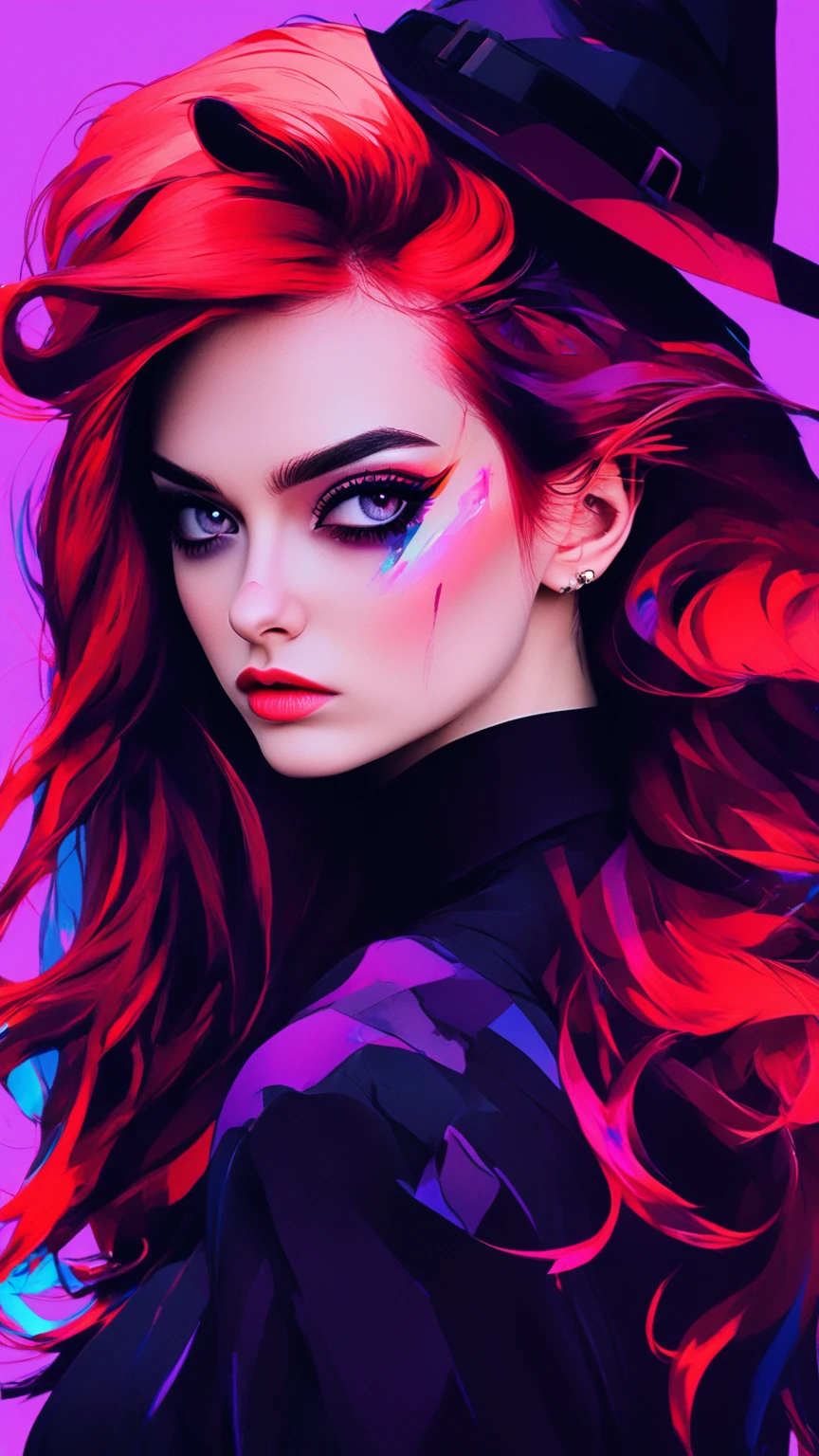 Dark Shot, City Street, Pastel Goth, Sexy Goth Girl, Cute 24-year-old photo.Redhead woman, Cinematic shots, Hard Shadows, Realistic, Cute face, View your viewers, Glitch Face Effect, Shattering Skin Effect, Colorful costumes, Witch's purple outfit, Glitch background effect