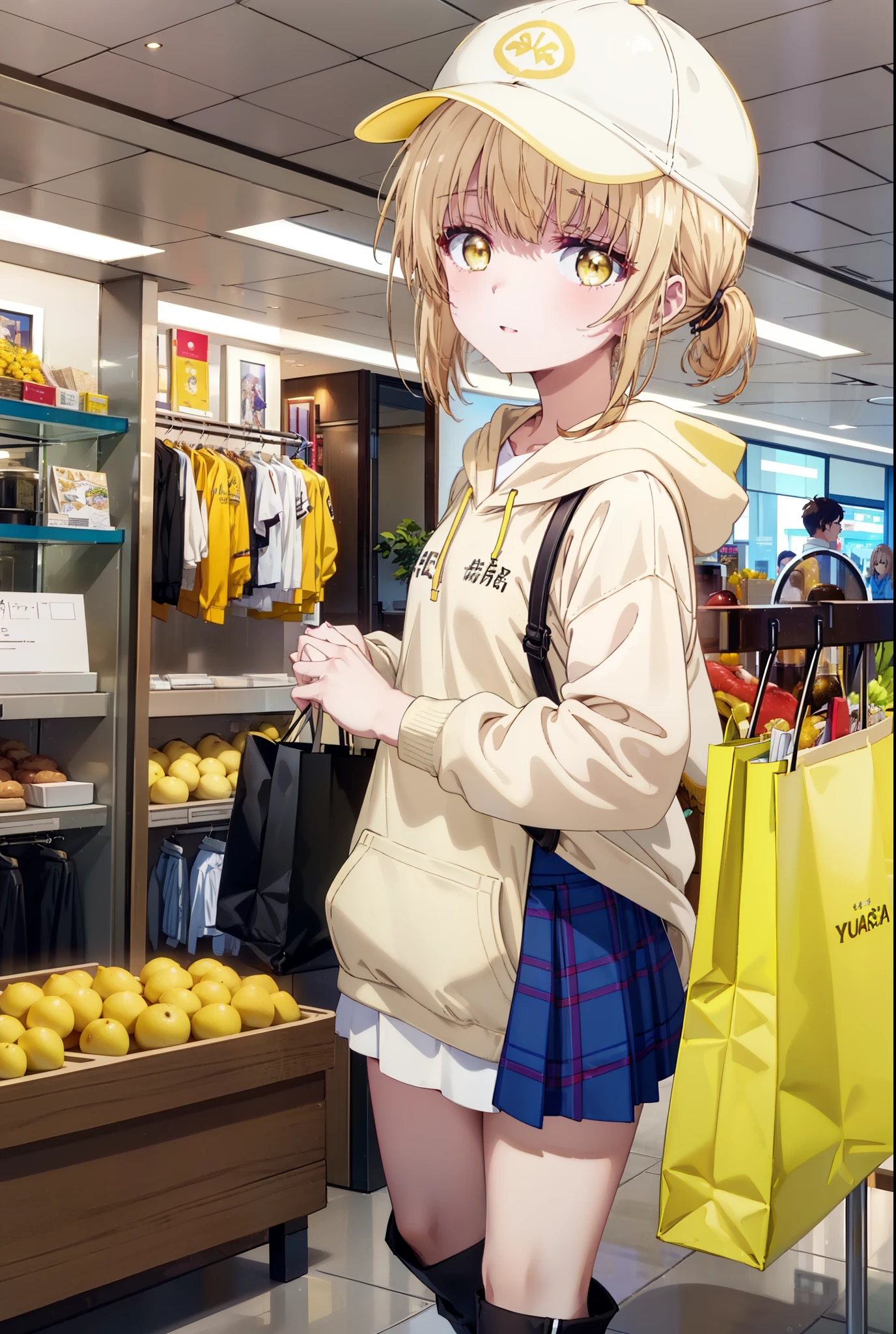 mahirushiina, Mahiru Shiina, bangs, Blonde, Brown Hair, (Yellow Eyes:1.3), happy smile, smile, Open your mouth,Open your mouth,Baseball cap,Oversized yellow hoodie,Short sleeve,mini skirt,black tights,short boots,Walking,Clear skies,Daytime,
break indoors,Shopping mall,
break looking at viewer, whole body,
break (masterpiece:1.2), Highest quality, High resolution, unity 8k wallpaper, (shape:0.8), (Fine and beautiful eyes:1.6), Highly detailed face, Perfect lighting, Highly detailed CG, (Perfect hands, Perfect Anatomy),