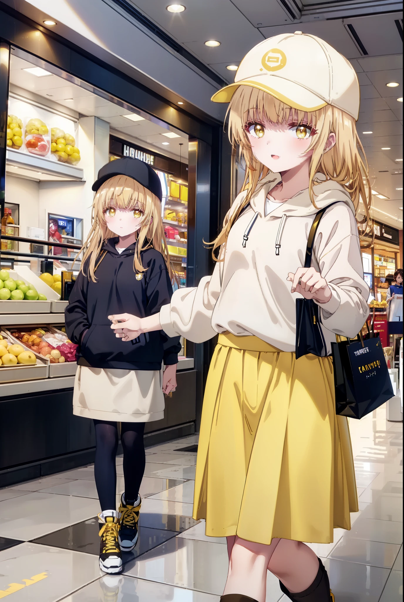 mahirushiina, Mahiru Shiina, bangs, Blonde, Brown Hair, (Yellow Eyes:1.3), happy smile, smile, Open your mouth,Open your mouth,Baseball cap,Oversized yellow hoodie,Short sleeve,mini skirt,black tights,short boots,Walking,Clear skies,Daytime,
break indoors,Shopping mall,
break looking at viewer, whole body,
break (masterpiece:1.2), Highest quality, High resolution, unity 8k wallpaper, (shape:0.8), (Fine and beautiful eyes:1.6), Highly detailed face, Perfect lighting, Highly detailed CG, (Perfect hands, Perfect Anatomy),