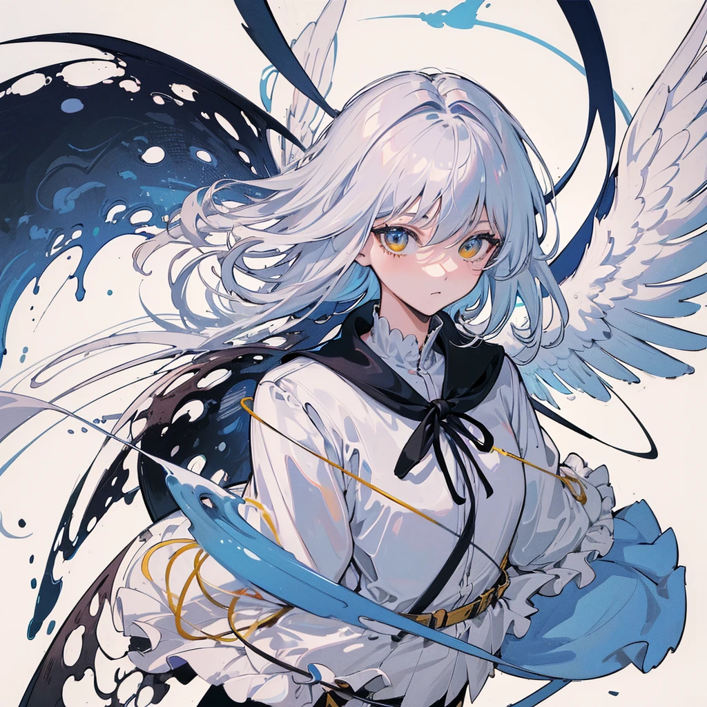 (masterpiece, highest quality, official art:1.2), (flat color:1.5),(colorful),Contemporary Art、light blue hair、light blue eyes、looking at the viewer,((1 girl)),alone, white background, floating colorful water,(2D:1.5) masterpiece, best quality, high quality, ((Masterpiece)), ((High resolution)), ((Fine detail)), (High-definition CG), high contrast, HDR, (official art), 1boy, solo, male focus, looking at viewer, upper body, depth of field, revel_platinum_end, yellow eyes, white hair, wings, halo, angel, angel wings,