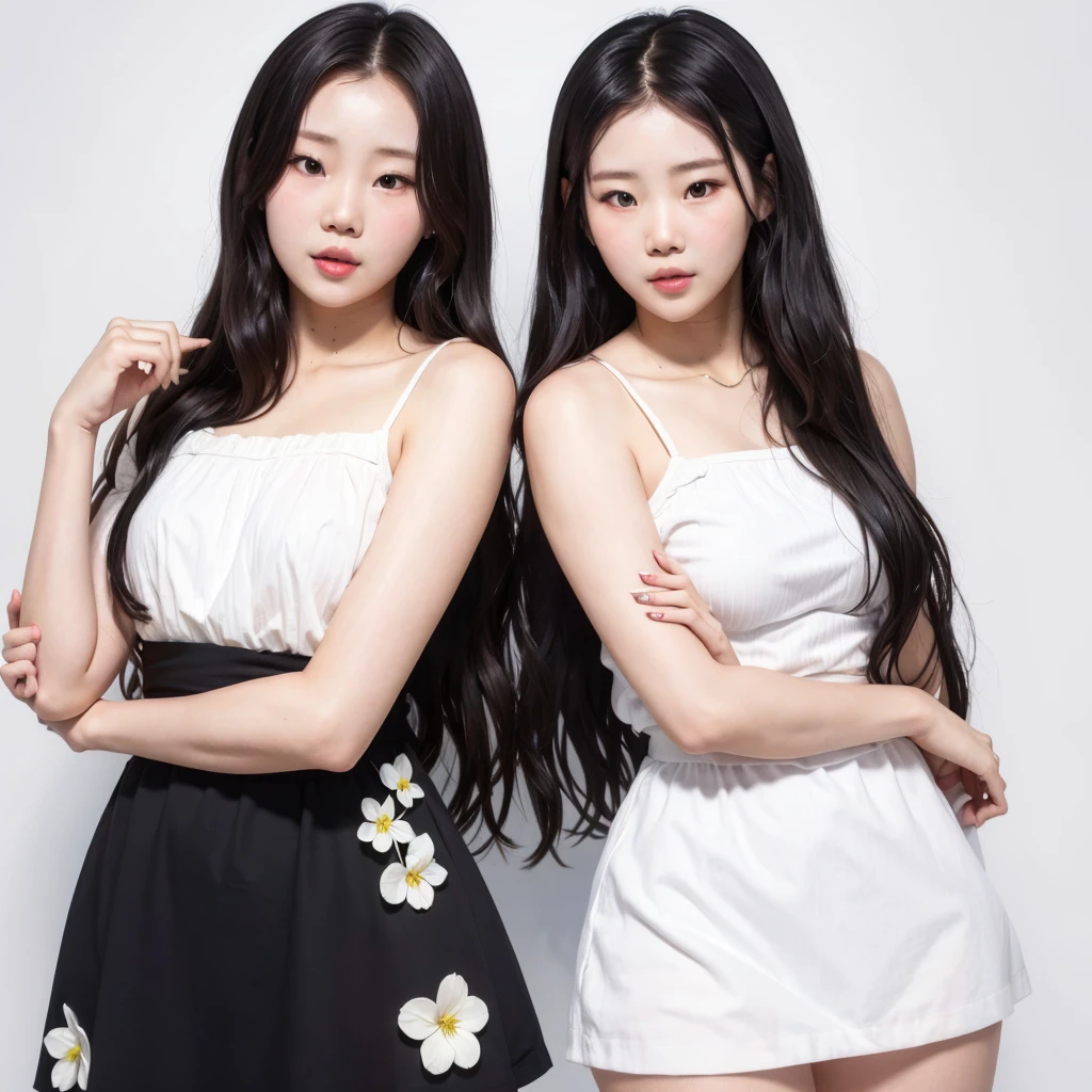 JooE from momoland with long black hair, beautiful asian looking at the camera, woman in white dress with open neck, white flowers in her straight black hair, asian woman, JooE Kpop idol, White background, 4K quality, photo without hands, HD quality