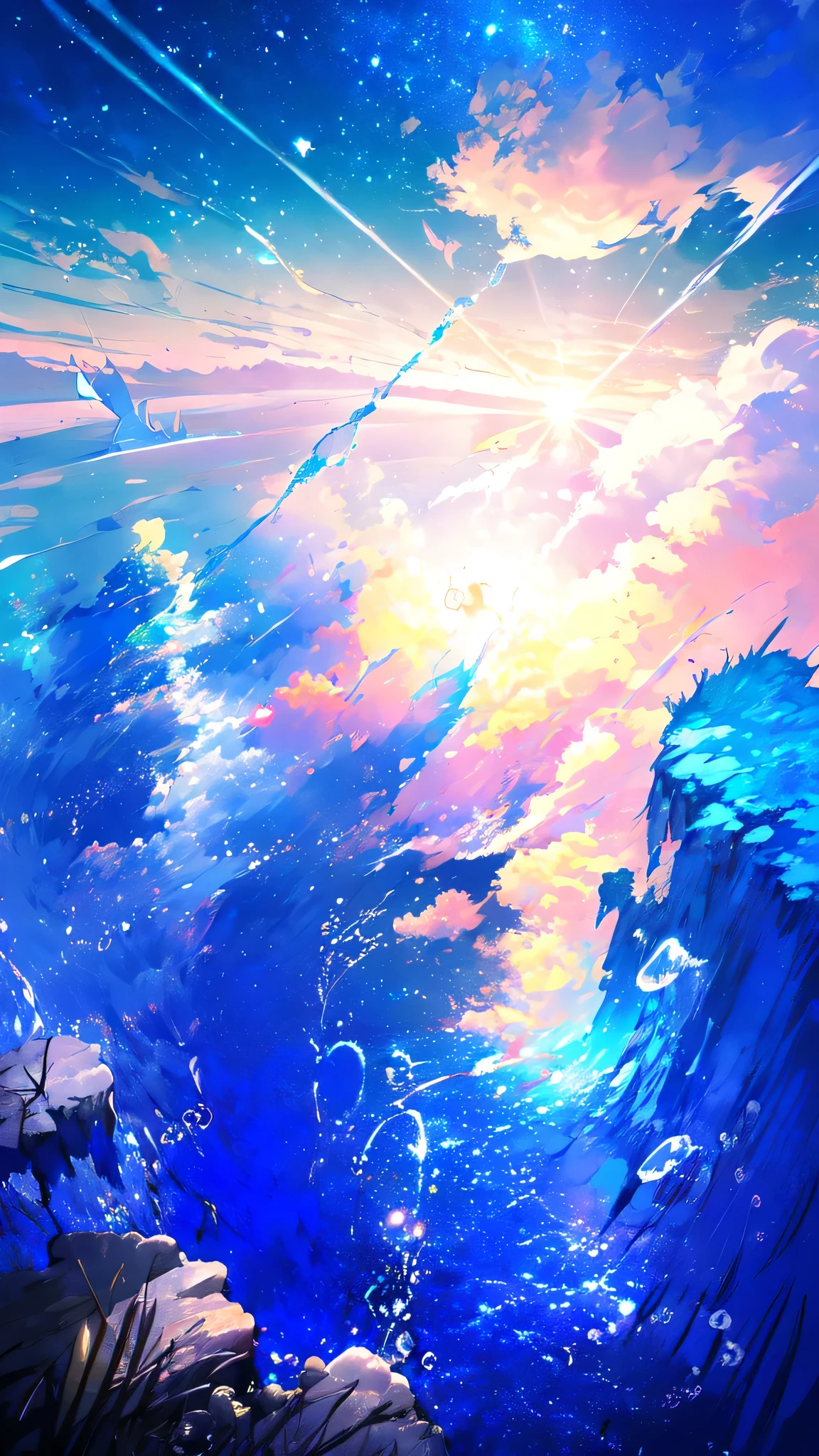 -scenery, 1girl, sky, Star (sky), Highest Resolution、Sunlight from above, Morning, solo,Fine starry sky、 city lights, Starry sky, Fine bubbles、night sky, bubble, watercraft, outdoors, short hair, ocean, Big cloud,coloured glaze,