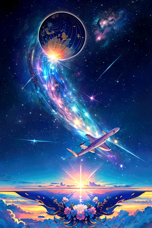 plane、虹色に光り輝くplane、虹色の空を飛ぶplane,colorful,beauttiful stars,wonderful景色,Utopia,An atmosphere full of dreams and hope,masterpiece.16K, Ultra-high resolution, Ultra-high resolution, to be born,wonderful ,future、Iridescent、The world 30 years from now。