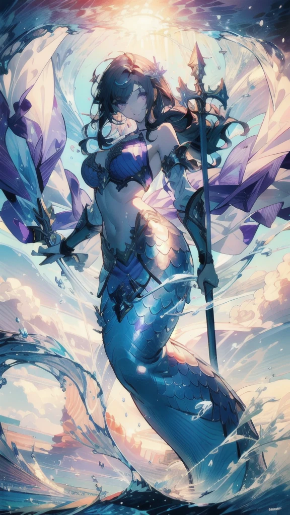 ((masterpiece, best quality)), Epic battlefield atmosphere,Delicate face,Mermaid Under the Sea,Holding a staff,whole body,Standing picture,glowing purple eyes,Large Breasts,Gradient white long wavy hair,Perfect body proportions,Pure white background,Water Ripples,Lace,Sex bikini