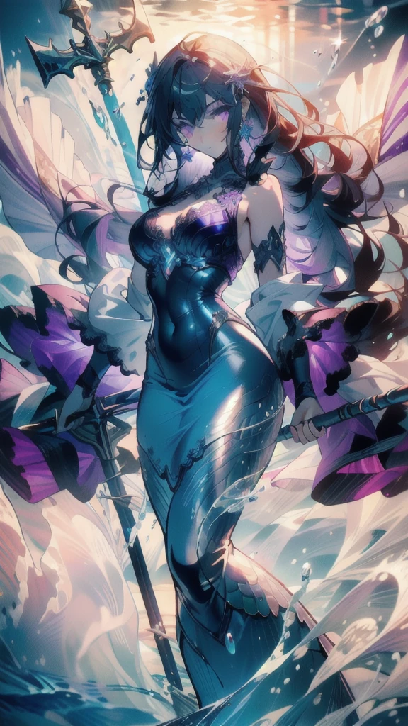 ((masterpiece, best quality)), Epic battlefield atmosphere,Delicate face,Mermaid Under the Sea,Holding a staff,whole body,Standing picture,glowing purple eyes,Large Breasts,Gradient white long wavy hair,Perfect body proportions,Pure white background,Water Ripples,Lace,Sex bikini
