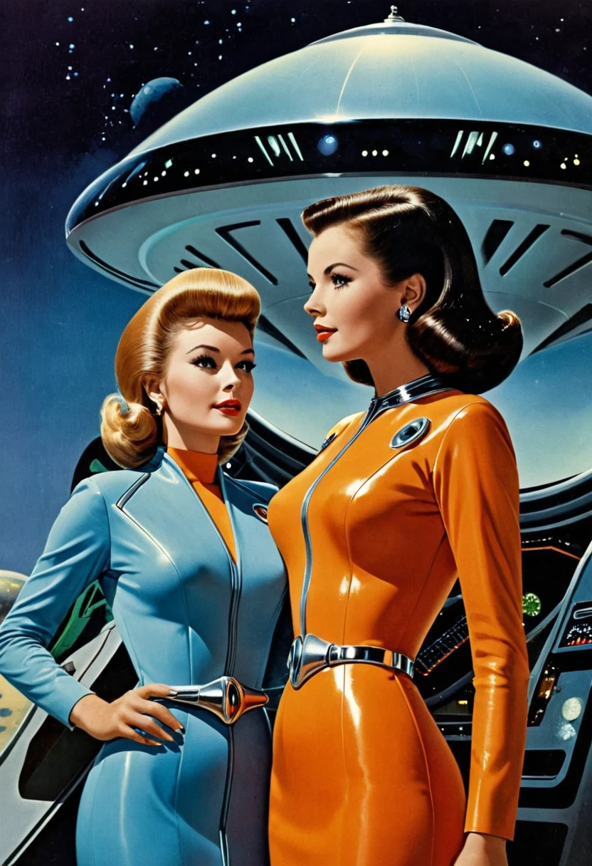 Retro futuristic, ((retro futurism)), ((Science fiction)), 1950s, (((1960s))), 1970s, (alien women),