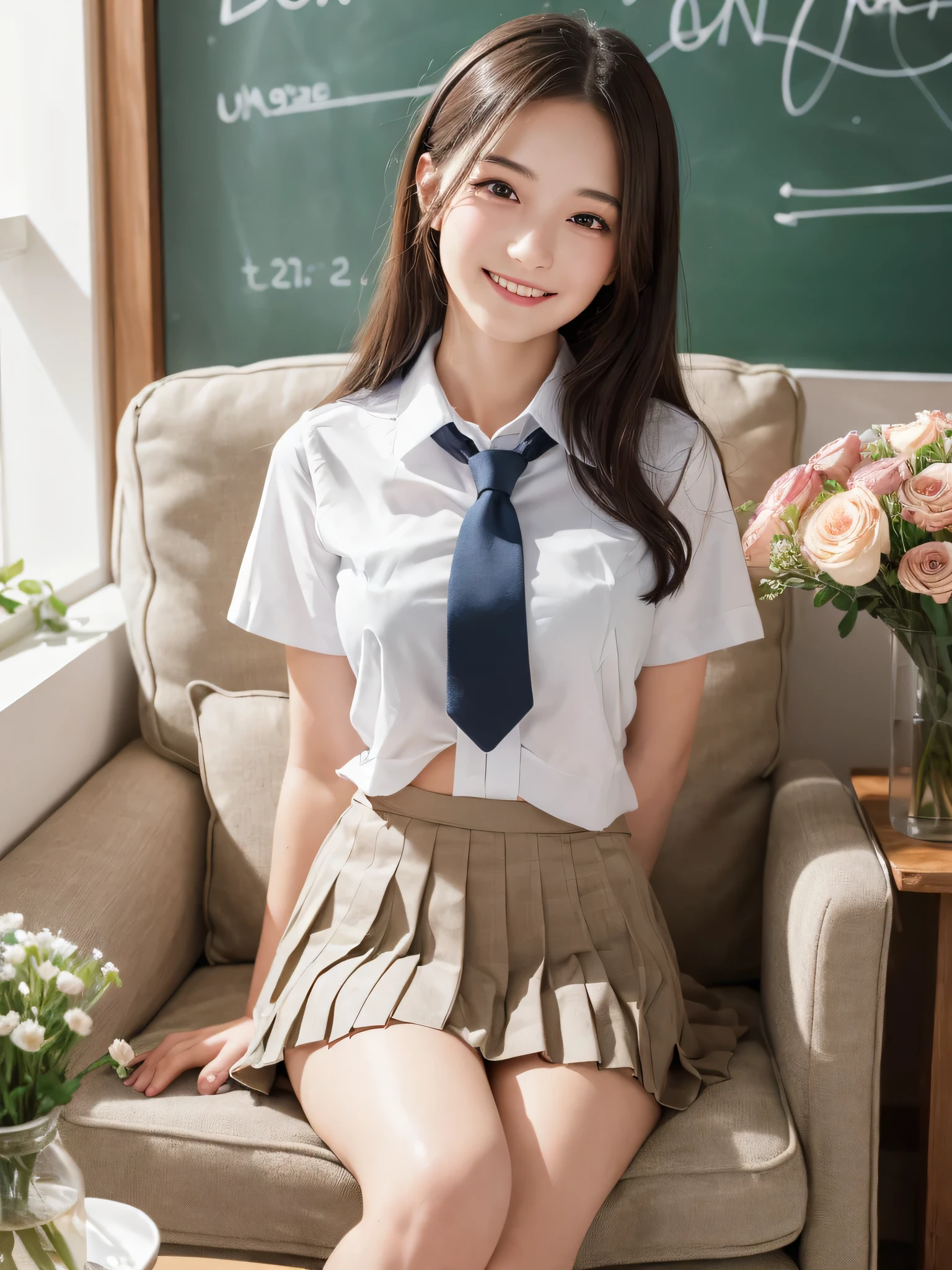 (1woman), (round eyes:1.2), (highly detailed face and eyes), refreshing smile, Amazing face and eyes, (school uniform, pleated skirt, tie:1.3), (Best Quality:1.4), (Ultra-detailed), (extremely detailed CG unified 8k wallpaper), Highly detailed, High-definition raw color photos, Professional Photography, Realistic portrait, indoors, (casual room, cute wallpapers:1.3), (Surrounded by lots of cute fresh flowers. Inside a photo studio, cute sofa:1.3), depth of fields, reflection of light, (fine face:1.2), summer,