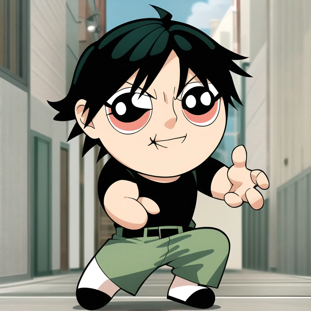 fushiguro toji, muscular male, black shirt, short sleeves, pants, cute smile, full body, chibi, black hair, background, (((Solo)))