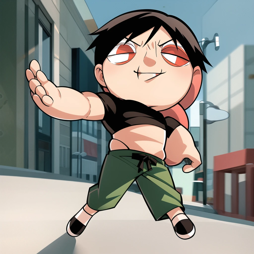 fushiguro toji, muscular male, black shirt, short sleeves, pants, cute smile, full body, chibi, black hair, background, (((Solo)))