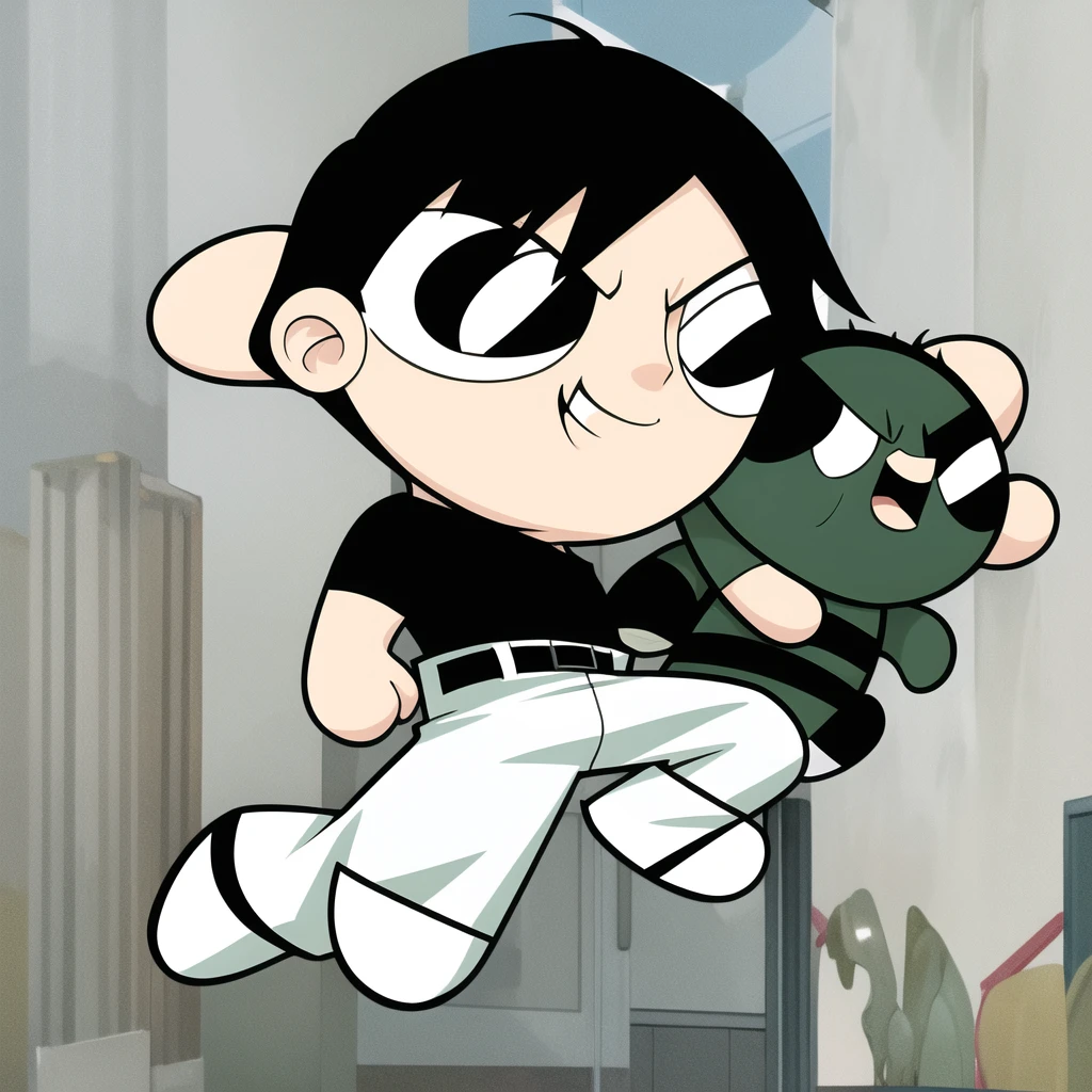 fushiguro toji, muscular male, black shirt, short sleeves, pants, cute smile, full body, chibi, black hair, background, (((Solo)))