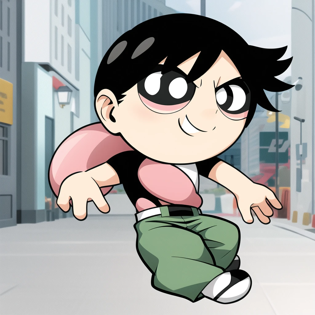 fushiguro toji, muscular male, black shirt, short sleeves, pants, cute smile, full body, chibi, black hair, background, (((Solo)))