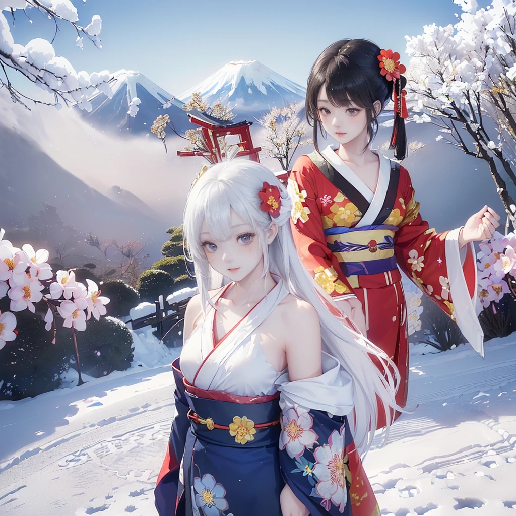 best quality, masterpiece,
Three Japanese high-school short girls with cute style,
looking straight ahead and striking a gutsy pose are standing (separately:1.4), side by side,
wearing a striking(yellow, red, blue, green) kimono with a flower motif,
(A kimono with floral patterns, particularly on the shoulders and chest:1.7)
(A kimono that completely conceals the chest and shoulders, revealing no skin at all:1.7)
(High-school-girls with a white short scarf, a white feather shawl around her neck:1.5),
(High-school-girls who are almost the same height:1.7),
(Japanese kimono:1.7),(innocent and pure high-school short girls:1.7),
((too much smile)), very cute, face, head and waist fully visible,
upper arms hidden by clothes and hair,
(only one well-shaped beautiful mount Fuji is completely covered with white snow from top to bottom:1.5),
(vermilion shrine entrance:1.2), very thick and large pine trees, winter(season),
Snow is accumulating on the roof and pine trees. ,(outdoors:1.5),