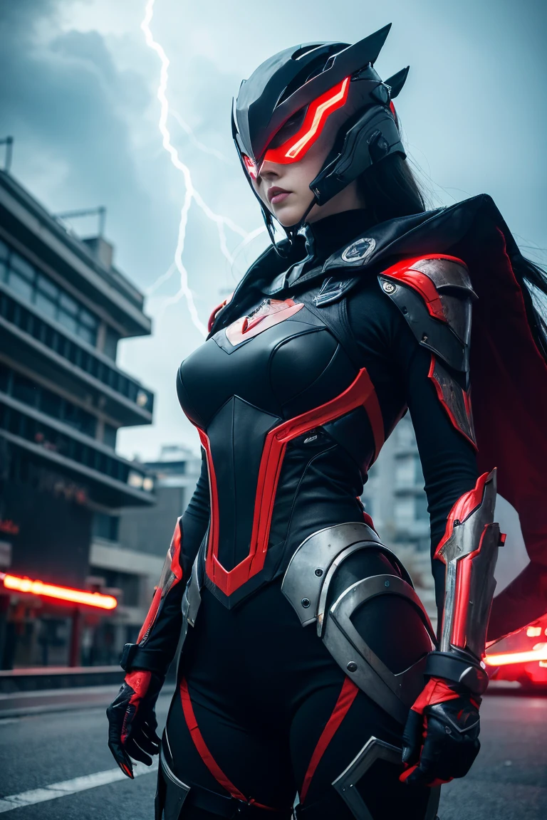 Woman warrior,1 Japanese girl, Warframe, Complex Pattern, Heavy Metal, Energy Line, Faceless, Glowing Eyes, elegant, intense, Blood red and black uniform, alone, Modern, city, street, Dark Clouds, thunderstorm, heavy rain,, Dramatic lighting,, (masterpiece:1.2), highest quality, High resolution,   Beautiful details, Very detailed, Perfect lighting,all coverd helmet, dark cloud, desert