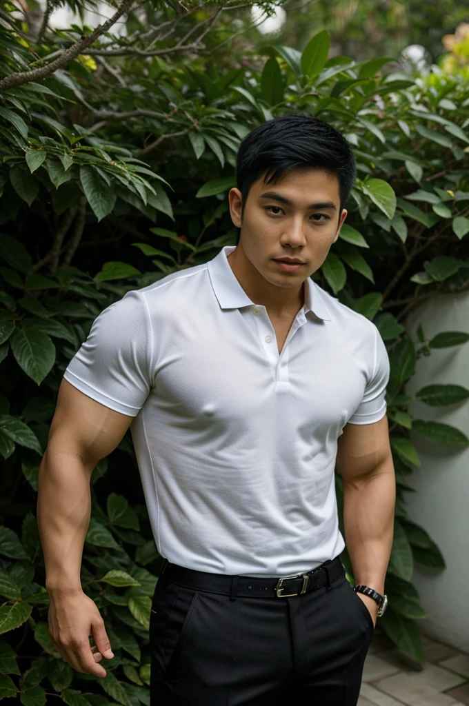 25 year old muscular Asian man, The face looks like that of an Indonesian artist., Bold and cool, Wear a tight white polo shirt., chest visible, Wear black trousers., ((in wonderland)), Pose, Photo model, Very high quality, Very high resolution,