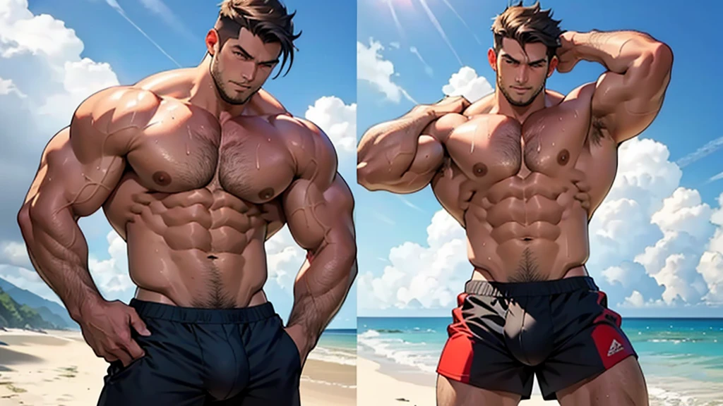 only man, a sweaty male, sexy short hair, a lot of hair on legs and armpits, posing his muscles standing on the beach, with loose sleeveless shirt, a pair of boxers, revealing a big bulge NSFW.