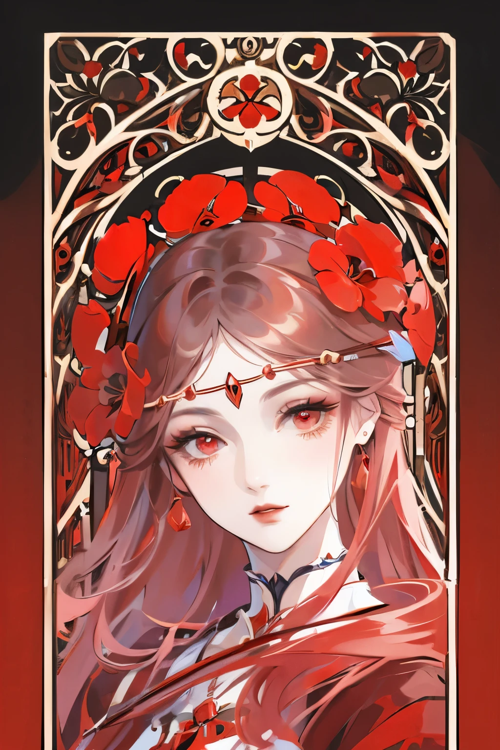 (masterpiece, best quality:1.2), 1 girl, solitary,Pretty Face，Red Fatism Art Nouveau，Illustration style，Black and red，Flowers


