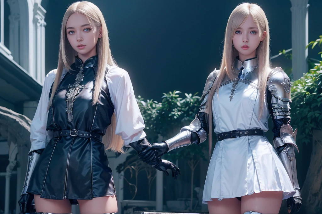 Top quality, masterpiece, very high resolution, (photorealistic: 1.4), Raw photo, 2 girls, long straight blond hair cut in a bob, light blue eyes, (beautiful breasts)、shiny skin、(( (beautiful detailed European faces)))、With a beautiful sword and shield、gorgeous and resplendent luminous girls,(Beautiful silver sexy armor、(((Random straight hair))),(((beautiful legs))), (proportionate breasts ), Seductive look, ((Background of beautiful decaying dungeon ruins)), (Ultimate beauty), (Detailed and realistic beauty face), (Fighting demonic beasts), (Small LED), ((Super realistic details)), portlate, global lighting, Shadow, octane rendering, 8k, ultra-sharp, exposed raw skin in neckline, metals, Intricate ornament details, very intricate details, Lightweight and realistic (Mystical expression), CGSoation trend, bright eyes, Facing the camera), Gundam, Small LED.
