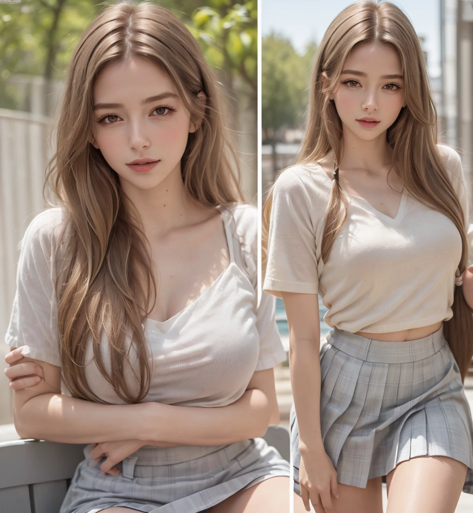 (masterpiece:1.2, top quality), (realistic, photorealistic:1.4), beautiful illustration, looking at viewer, full length, front view:0.6, , high school girl, (long hair:1.5), blown hair, ( half up, half up), bangs, hair between the eyes, big breasts: 0.8, beautiful hair, beautiful face, beautiful detailed eyes, beautiful collarbone, beautiful body, beautiful chest, beautiful thigh, beautiful legs, beautiful fingers, ( beautiful landscape), on the bus, ((short-sleeved shirt with collar, white shirt, gray plaid pleated skirt, white panties, (standing, lifts the skirt, grabs the hem of the skirt, hands on chest, hand between her legs), blushing, man hugs her from behind, 1 man: 1.2