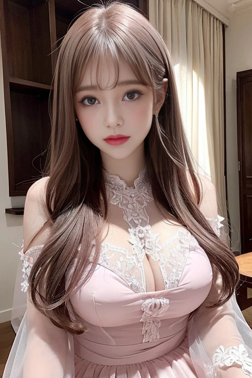 Carly,The eyes are delicate,Delicate hair color,Pink transparent lace mini dress,Huge ,Too many,Large and drooping,Big Titietla Big , (((masterpiece))), ((The best quality at its best)), ((Intricate details)), ((Ultra-realistic))