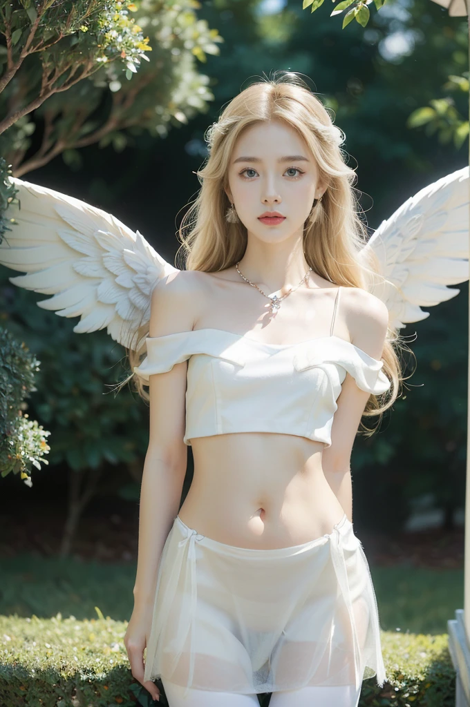 (((best quality))), (((ultra detailed))), (((masterpiece))), illustration,((1 beautiful little girl,solo,angel)),((fair skin,shoulder length straight blonde hair,blue eyes)),(earrings,crystal necklace),((slim,thin,small breasts,flat chest)),joyful expression,(white wings:1.3),(flowing short-sleeved white sheer dress:1.3),((In heaven, garden setting)), vibrant flowers,(colorful flowers:1.3),lush grass, gentle breeze, (clear sky, fluffy clouds, shining sun),((navel)),((from front,standing,upper body,arms behind back)),((pantyhose))